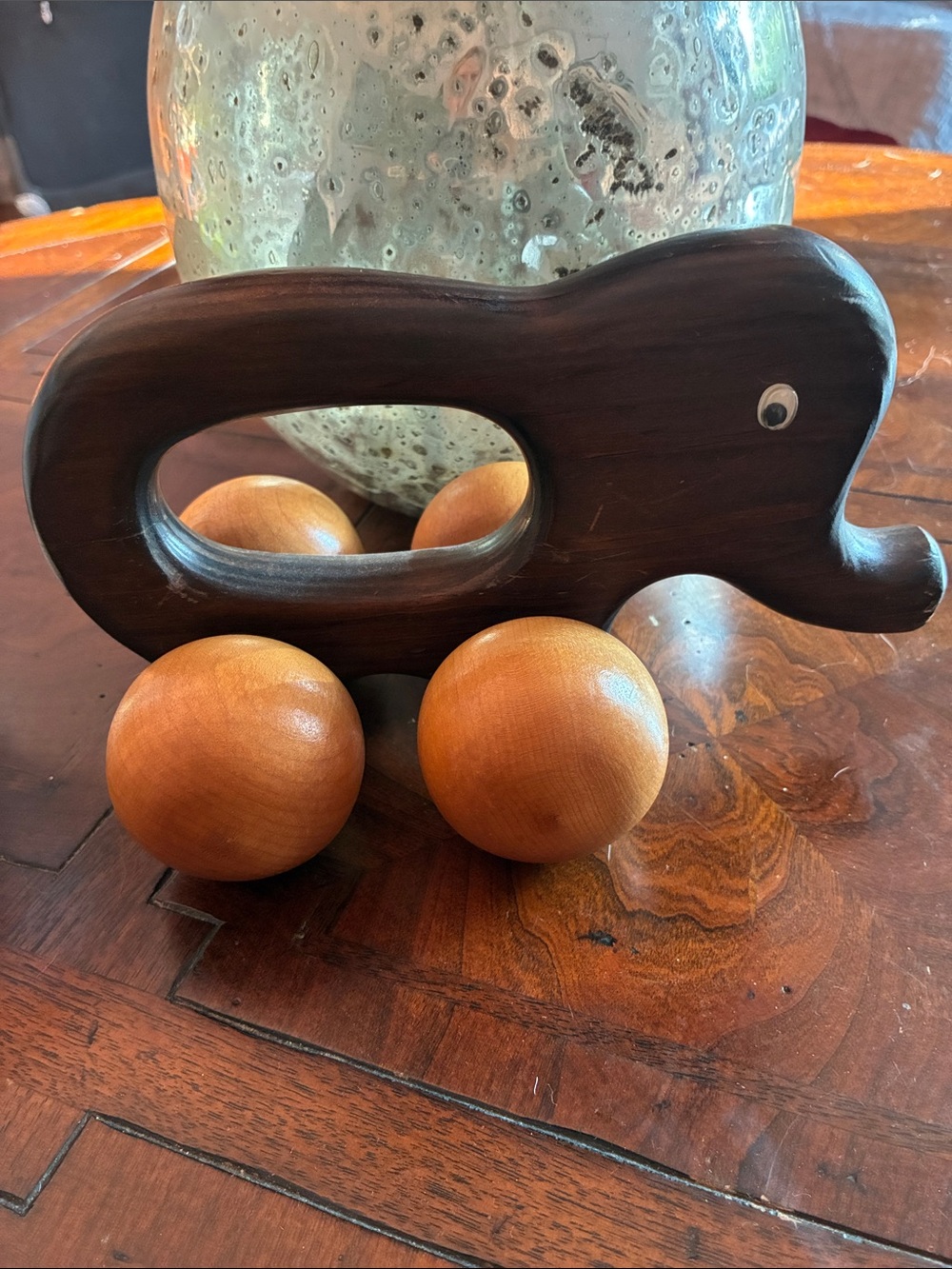 Wooden Elephant Pull Toy with Rolling Spheres - Dark Brown & Natural Wood